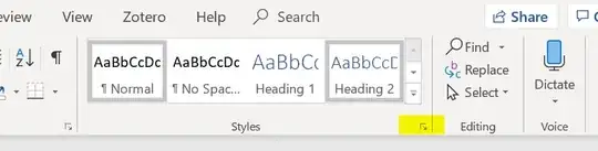 A screenshot of the Microsoft Word ribbon, with the Styles menu opening button highlighted.