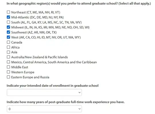 Dropdown labeled "Indicate your intended date of enrollment in graduate school"