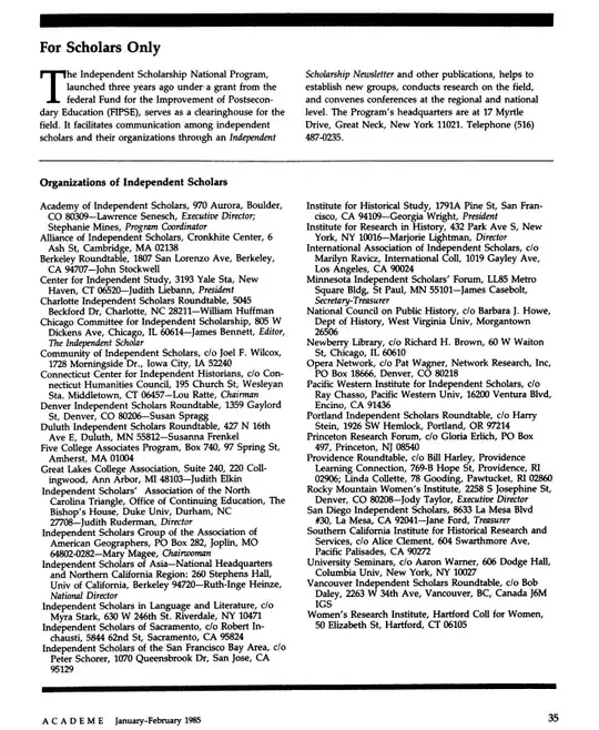 list of organizations for independent scholars in the U.S.