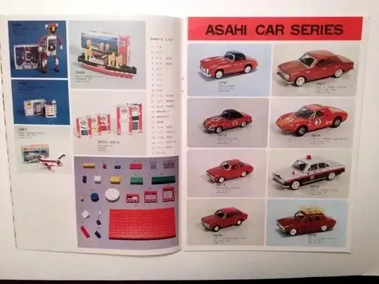 Asahi Toy Company 1971 Toy Catalog page showing Lego-compatible sets and parts