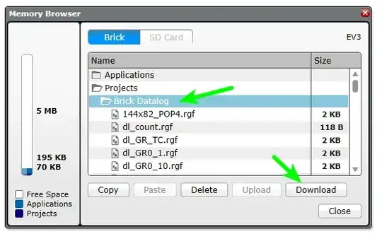 Screenshot of the Memory Browser with arrows pointing to the Brick Datalog folder and the Download button