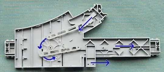 This annotated photograph shows the motion of the internal parts when moving the switch rails from the straight branch to the curved branch.