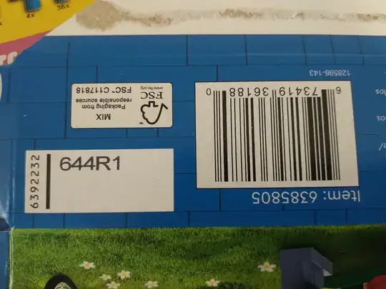 LEGO Manufacturing Code Number printed upside-down next to barcode