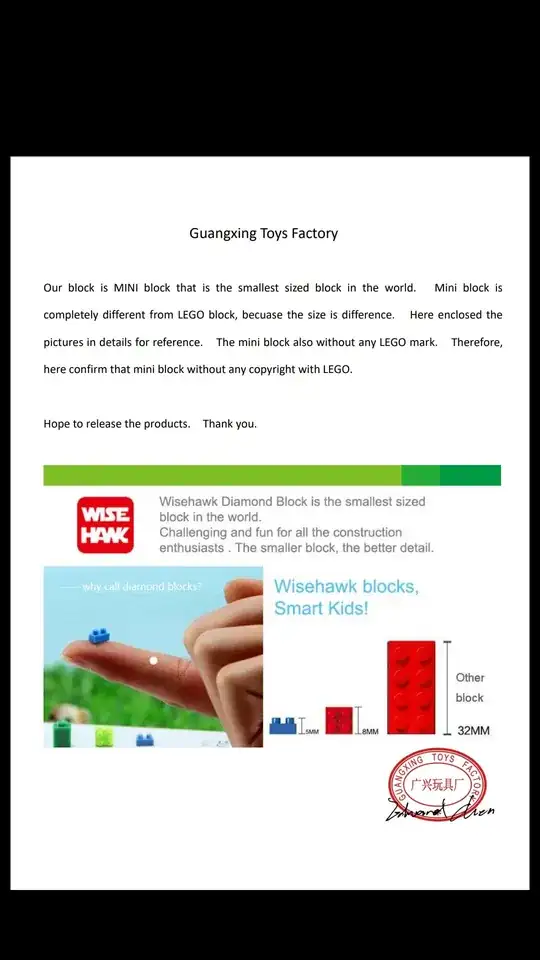 response from the seller confirming their product is intentionally different from LEGO