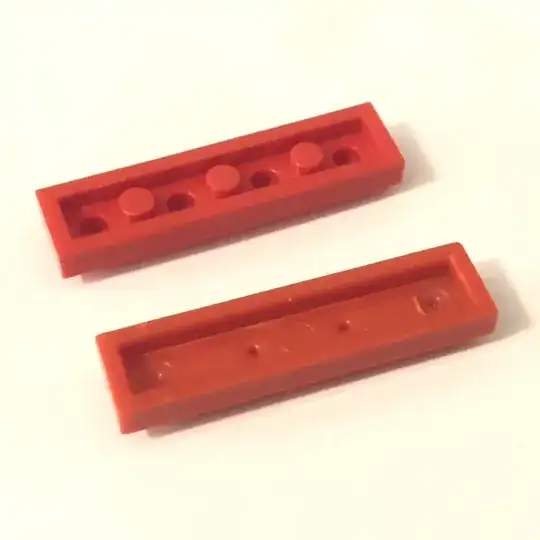 Pebe 1x4 plate next to LEGO 1x4 plate Bottom View