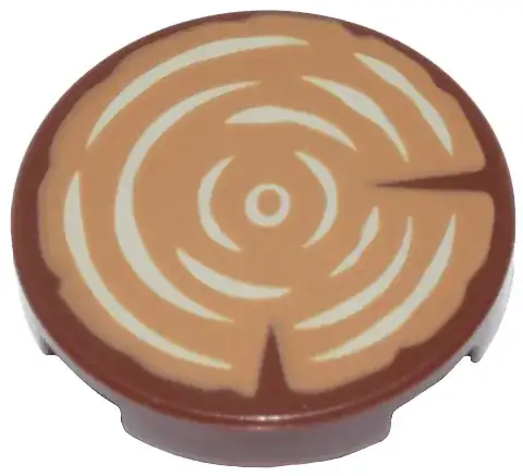 Circular tile with printed image of wood stump with notches