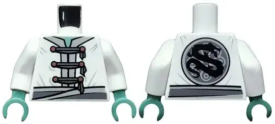 Torso Ninjago Tunic with Light Gray Trim and Belt, 3 Dark Gray Ties with Gold Buttons, Dragon Symbol on Back Pattern / White Arms / Sand Green Hands