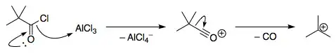 Generation of t-butyl cation from pivaloyl chloride with Lewis acid