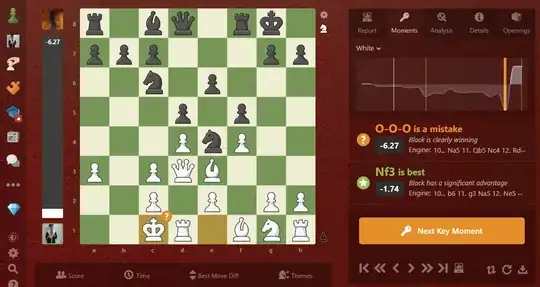 Screenshot showing that O-O-O is a -6.27 mistake