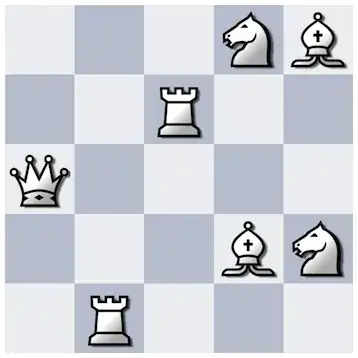 Qa3, Rb1, Rc4, Bd2, Nd5, Ne2, Be5