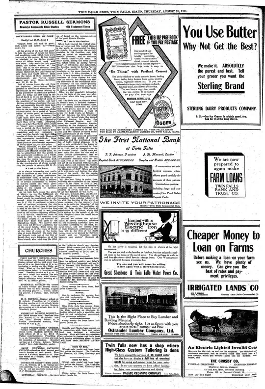 Twin Falls News on August 31st, 1911