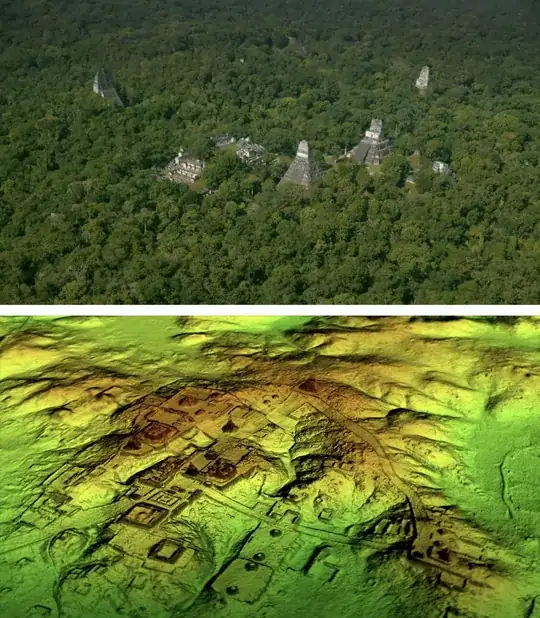 screenshot of forest in Guatemala seen by eye and seen with lidar, from National Geographic