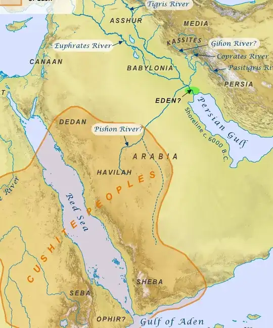 The proposed four rivers and location of the Garden of Eden