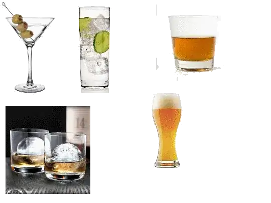 some images of various types of glasses containing presumably-alcoholic beverages