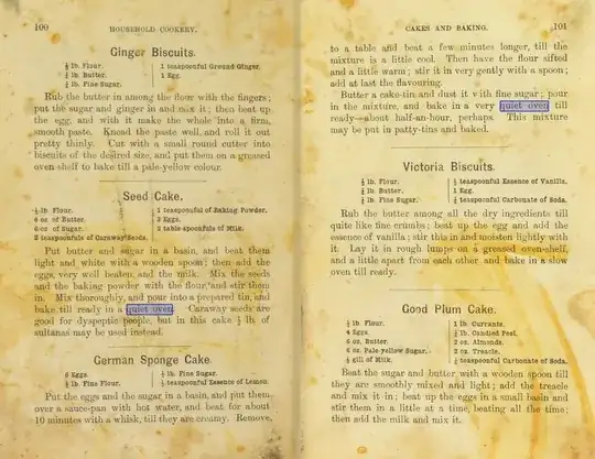pages 100-101 of Household Cookery and Laundry Work, with recipes for cakes