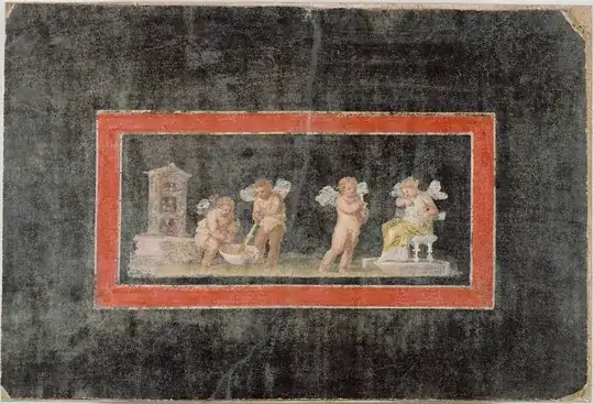 Wall Fragment with Cupids and Psyche Making Perfume, Roman, A.D. 75–100. Plaster and pigment, 14 15/16 x 22 1/16 in.  *Used by permission of Getty Images*