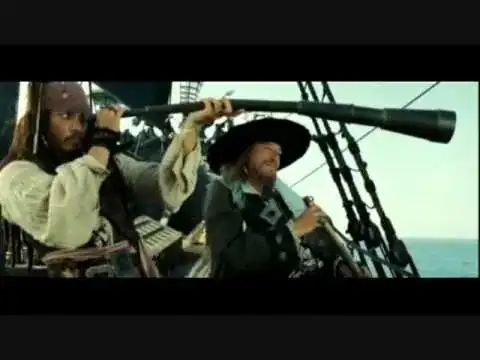 Captain Jack Sparrow in a telescope competition, holding a ridiculously long telescope