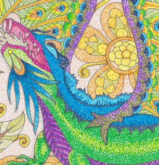 detail of "Peacock" dragon stippled with cheap markers