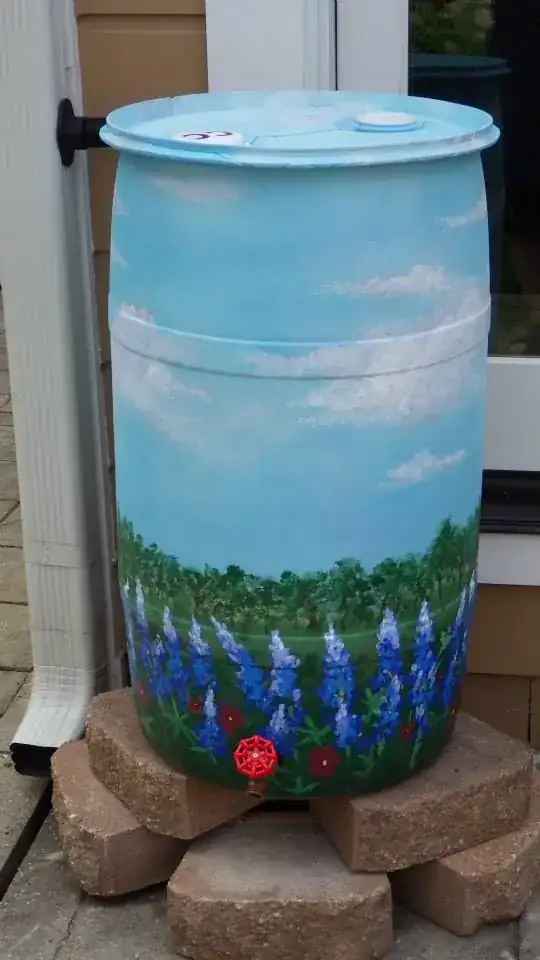rain barrel painted with bluebonnets