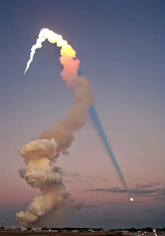 Striking image of STS-98 launch, with volumetric shadow of the exhaust appearing to intersect the Moon