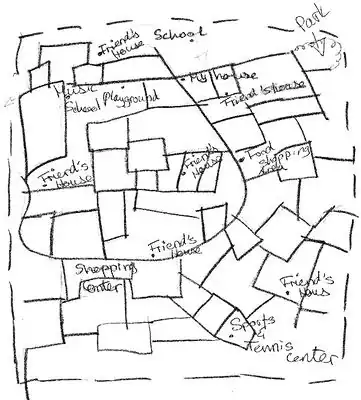 A map of her "subjective territory" by a 13-year-old German-American girl from the school in Zehlendorf. Reproduced from den Besten (2010)[105]