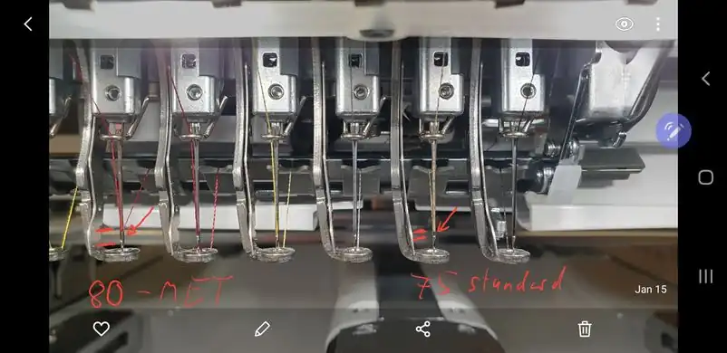 H-MET needle with wider eye for the #6 left (Gunold poly star 30 red) and standard H-E 75 for the #2 gold.