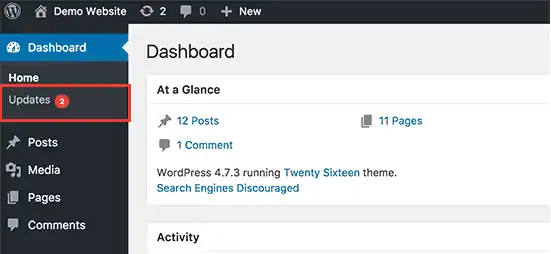 WordPress sidebar updates notification
