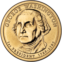 Gold coin with bust of Washington facing slightly left of but looking sternly straight at the viewer. "GEORGE WASHINGTON" is above, "1st PRESIDENT 1789–1797" below, and "JFM" in tiny letters at the bust's base.