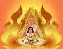 Image of Prahlada sitting in the lap of Holika in fire.
