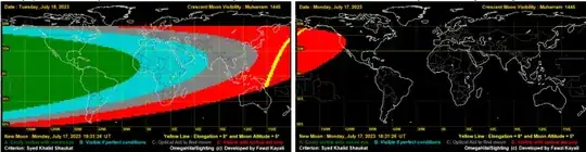 Estimated crescent visibility curves for Muharram 1445