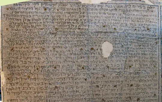Old, damaged mosaic depicting about 30 lines of Hebrew text