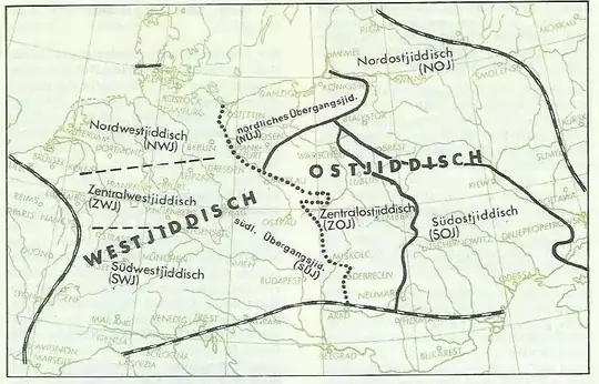 Geographic distribution of the Yiddish dialects