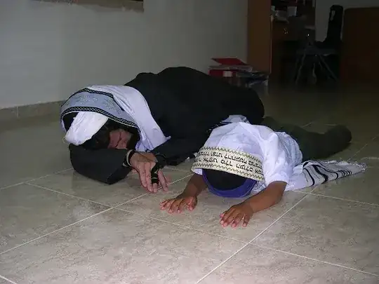 A man and a boy laying on the floor next to each other, wearing talleisim. The boy is lying as the man in the last picture is, while the man in this picture is lying down with his head resting, tilted to the left, on his right arm.