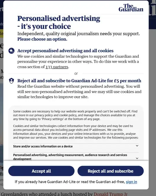 Guardian popup with only Accept/Subscribe options