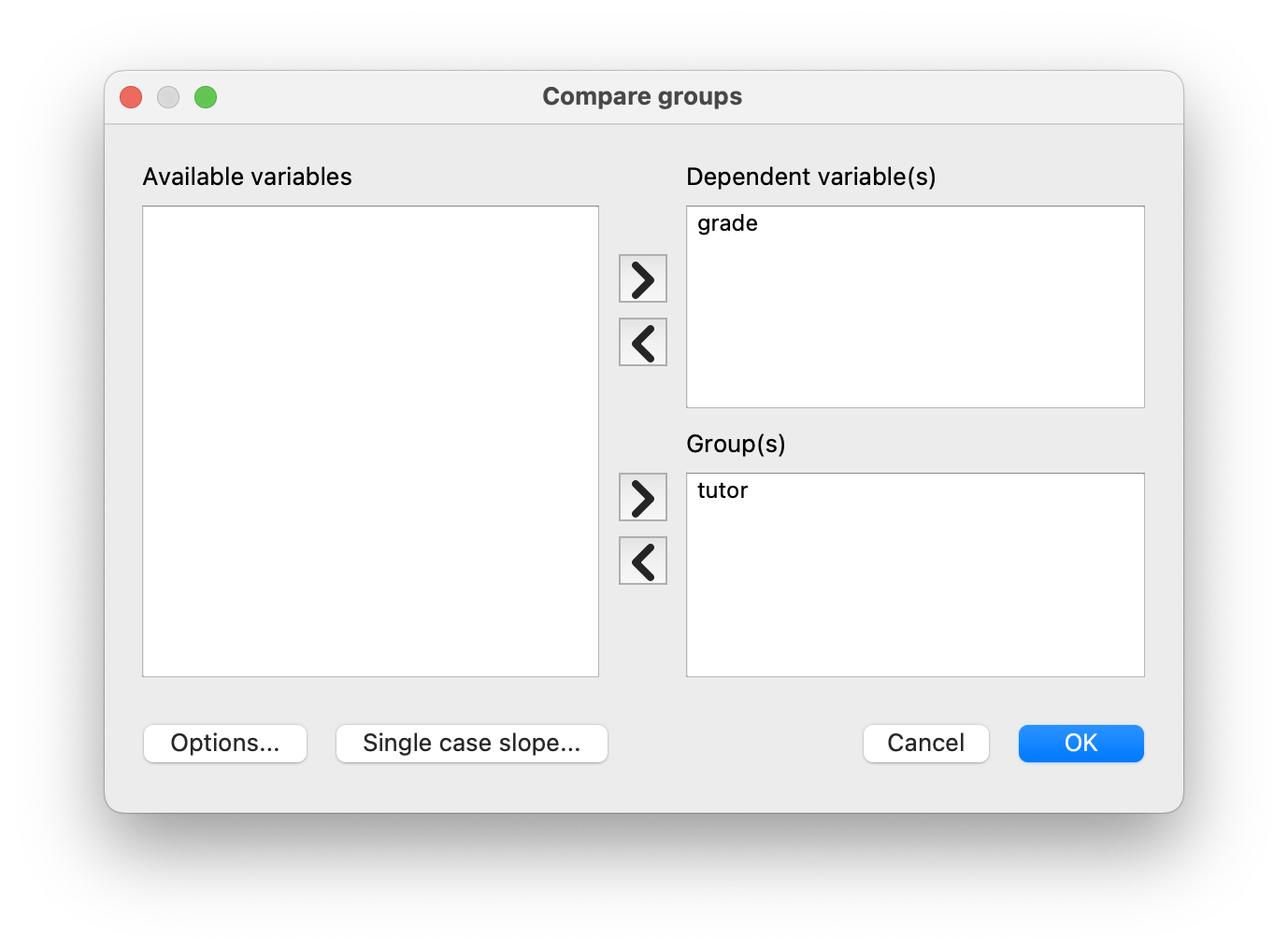 Comparing grades by tutor in CogStat for our `harpo` data set.