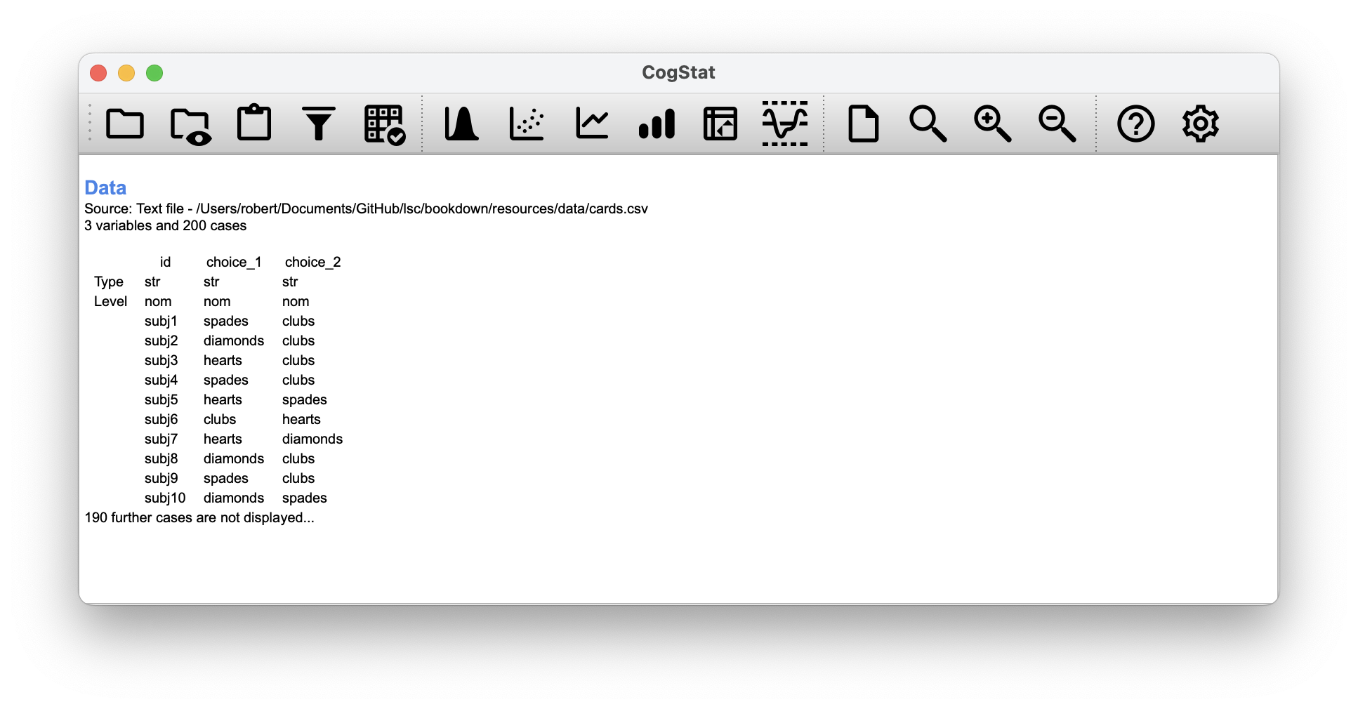 Loading the cards.csv data and running Explore variable command on choice_1