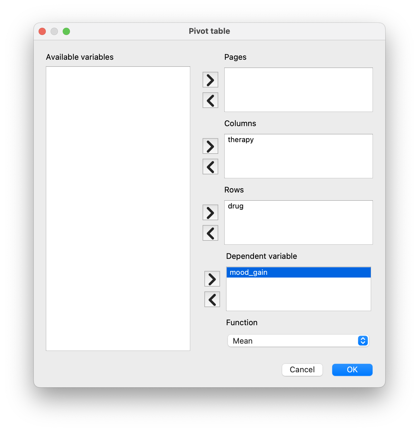 Cross-tabulation of the means of mood_gain for each combination of drug and therapy in Pivot table function. You can select different functions to tabulate: N (count), Sum, Mean, Median, Lower and Upper quartile, Standard deviation, and Variance.