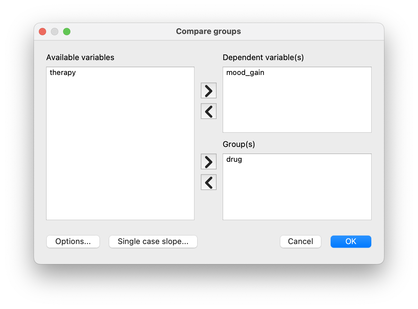 CogStat dialogue for Compare groups function with our clinical trial data set with variables mood_gain grouped by drug.
