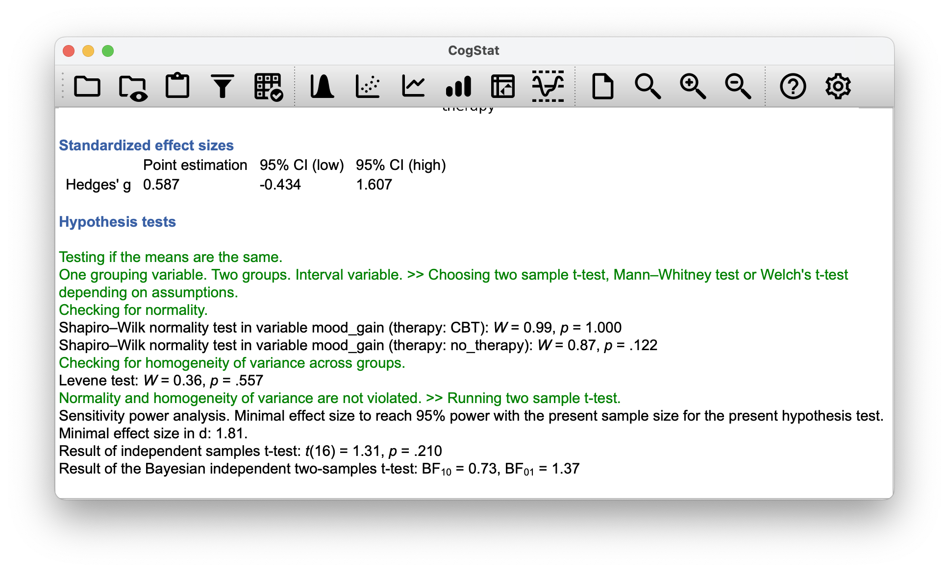 CogStat results for the `therapy` model.