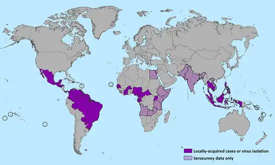 Countries that have past or current evidence of Zika transmission (as of January 2016)