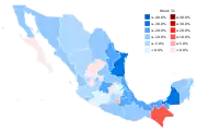 Percentage of increase or decrease of new cases by state by week (as of August&nbsp;11, 2020[update])