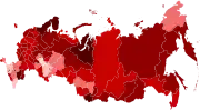 Confirmed cases per million by federal subjects &nbsp;&nbsp;60,000+ &nbsp;&nbsp;30,000–60,000 &nbsp;&nbsp;20,000–30,000 &nbsp;&nbsp;10,000–20,000 &nbsp;&nbsp;6,000–10,000 &nbsp;&nbsp;3,000–6,000