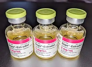 Depo-Estradiol 5&nbsp;mg/mL (estradiol cypionate in oil solution) vials. Used by depot intramuscular injection.