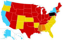 Abortion legal on request: AK, HI, NY, WA; allowed for danger to woman's health, rape or incest, or likely damaged fetus: AR, CA, CO, DE, FL, GA, KS, MD, NC, NM, OR, SC, VA; allowed for danger to woman's health: AL, MA; allowed for rape but not life: MS; allowed for danger to the woman's life: AZ, CT, IA, ID, IL, IN, KY, LA, ME, MI, MN, MO, MT, ND, NE, NH, NJ, NV, OH, OK, RI, SD, TN, TX, UT, VT, WI, WV, WY; complete ban: PA.