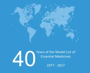 World map with the words "40 years of the model list of essential medicines 1977–2017"