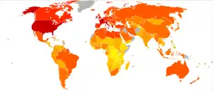 (Right) A world map with countries colored to reflect the food energy consumption of their people in 2001–2003. Consumption in North America, Europe, and Australia has increased with respect to previous levels in 1971. Food consumption has also increased substantially in many parts of Asia. However, food consumption in Africa remains low.