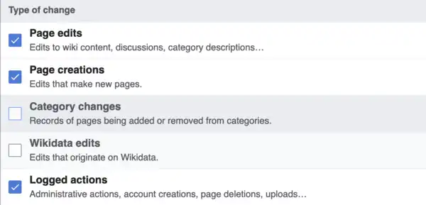 shows possible filters based on the type of change, from the edit filter UI