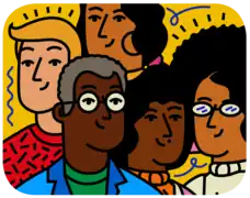 Pop-art style faces of 5 humans on a yellow background