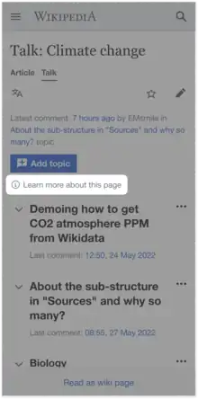 Screenshot highlighting new talk page notice affordance