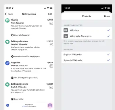 Two screenshots from the Wikipedia iOS app: on the left is the notification inbox with the 'projects' filter highlighted, on the right is the projects filter model.